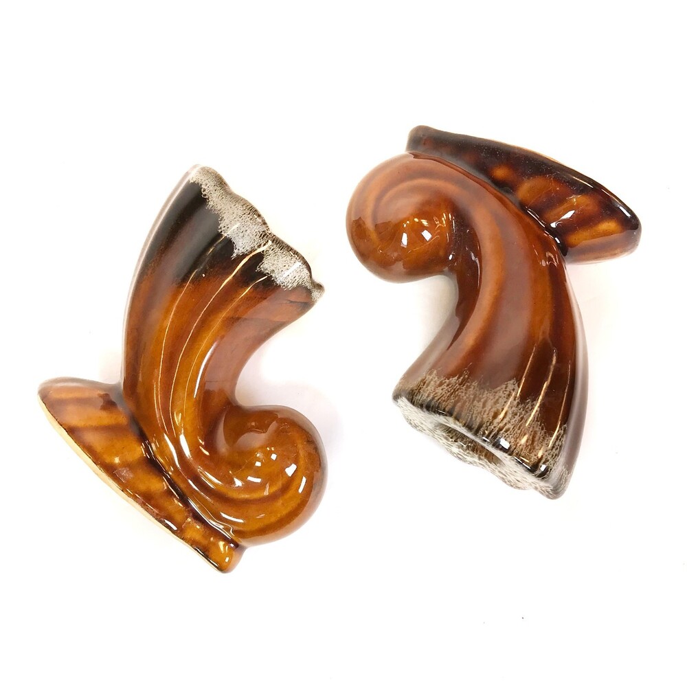 Anna Van Briggle Pottery Brown Drip Horn Cornucopia Candle Holder Pair RARE VTG